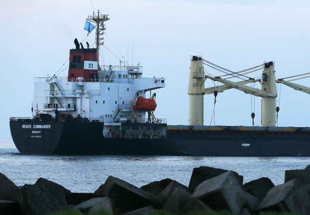 The Lebanese-flagged bulk carrier Brave Commander grain ship departs from Yuzhne in Odessa