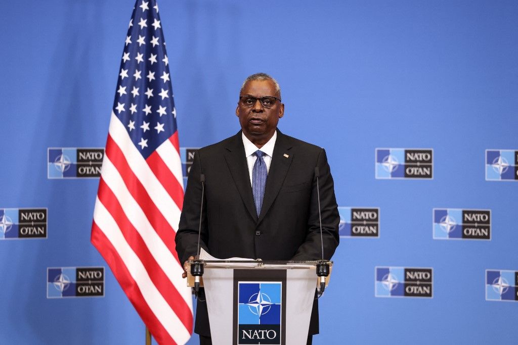 US Secretary of Defense Lloyd Austin addresses a press conference during a two-day meeting of the North Atlantic Council (NAC) with Defence Ministers, at the NATO headquarters in Brussels on June 16, 2023. (Photo by SIMON WOHLFAHRT / AFP)