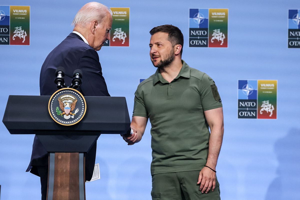 G7 Leaders Meeting With Volodymyr Zelenskyy In Vilnius
U.S. President Joe Biden shakes hand of Ukrainian President Volodomyr Zelensky during G7 Declaration of Joint Support for Ukraine during the high level NATO summit in Litexpo Conference Centre in Vilnius, Lithuania on July 12, 2023. The leaders of G7 countries invite the President of Ukraine Volodymyr Zelensyy to present a Kyoto summit's agreement that specifies the organization's help for war torn Ukraine (Photo by Dominika Zarzycka/NurPhoto) (Photo by Dominika Zarzycka / NurPhoto / NurPhoto via AFP)