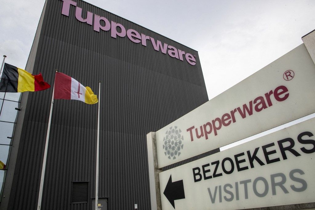 A photograph shows the entrance for the visitors of the US Tupperware home products line Company, in Aalst on November 3 2022, in Aalst. (Photo by NICOLAS MAETERLINCK / Belga / AFP) / Belgium OUT