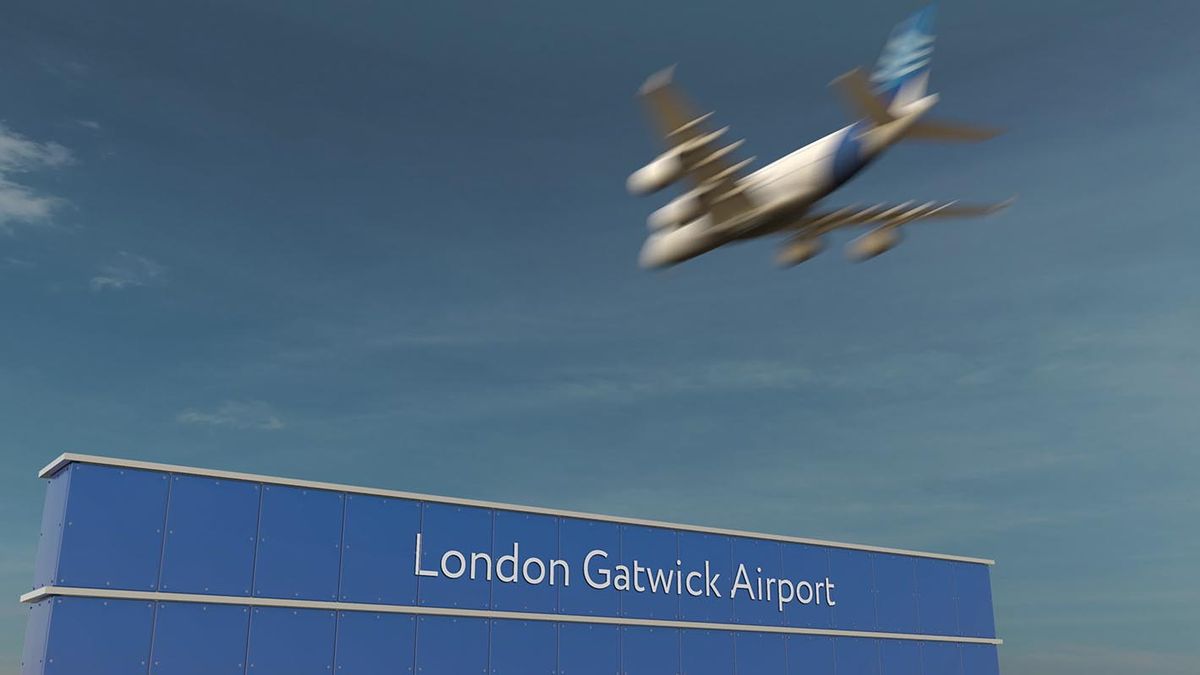 Commercial,Airplane,Landing,At,London,Gatwick,Airport,3d,Rendering