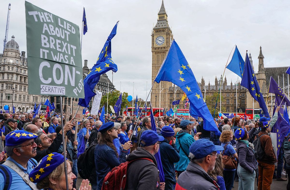 ''Rejoining EU'' Protest In London
Demonstrators take part in a National Rejoin March in Parliament Square, London. The protest is in support of the UK rejoining the European Union. Picture date: Saturday October 22, 2022.  (Photo by Alexander Mak/NurPhoto) (Photo by Alexander Mak / NurPhoto / NurPhoto via AFP)