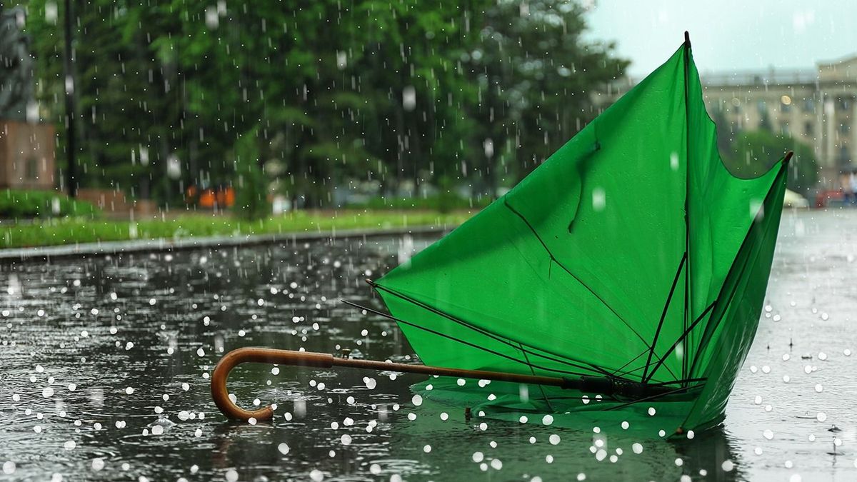 Broken,Green,Umbrella,In,Park,On,Rainy,Day,With,Hail