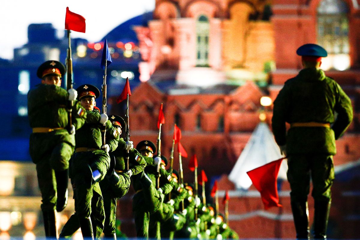 Night rehearsal of Victory Day military parade in Moscow's Red Square