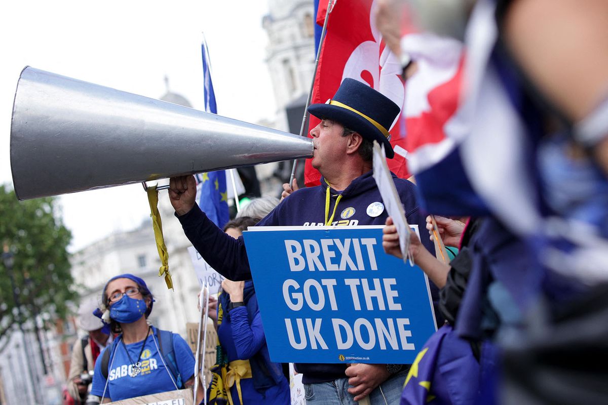 Anti-Brexit protest in London
LONDON, UNITED KINGDOM - JUNE 23: Anti-Brexit activists marking the fifth anniversary of the UK's EU membership referendum demonstrate on Whitehall outside Downing Street in London, United Kingdom on June 23, 2021. David Cliff / Anadolu Agency (Photo by David Cliff / ANADOLU AGENCY / Anadolu Agency via AFP)