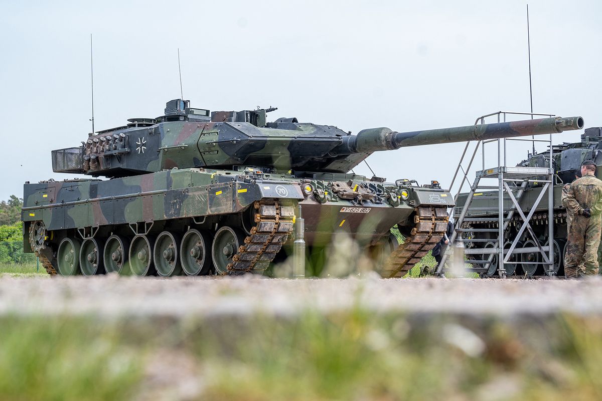 Leopard II main battle tank
24 May 2023, Bavaria, Pfreimd: A Leopard II A6 main battle tank of Panzer Battalion 104 stands in the Oberpfalz barracks. Photo: Armin Weigel/dpa (Photo by ARMIN WEIGEL / DPA / dpa Picture-Alliance via AFP)