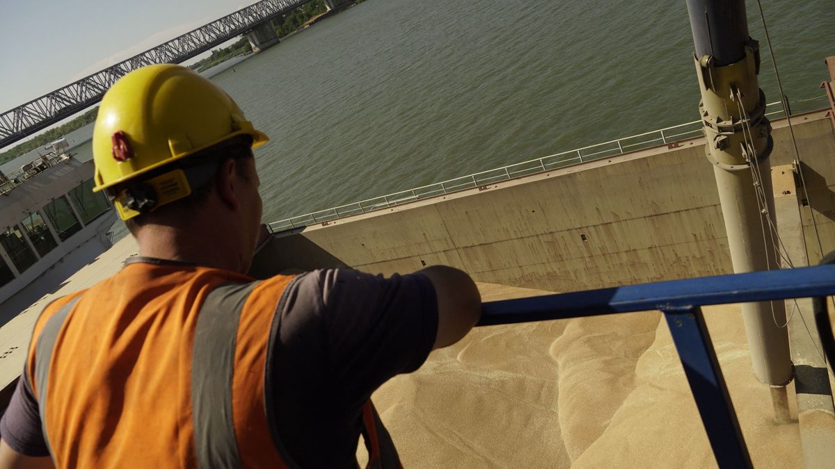 Grains to be shipped are loaded onto a ship in Russia's Port of Rostov-on-Don