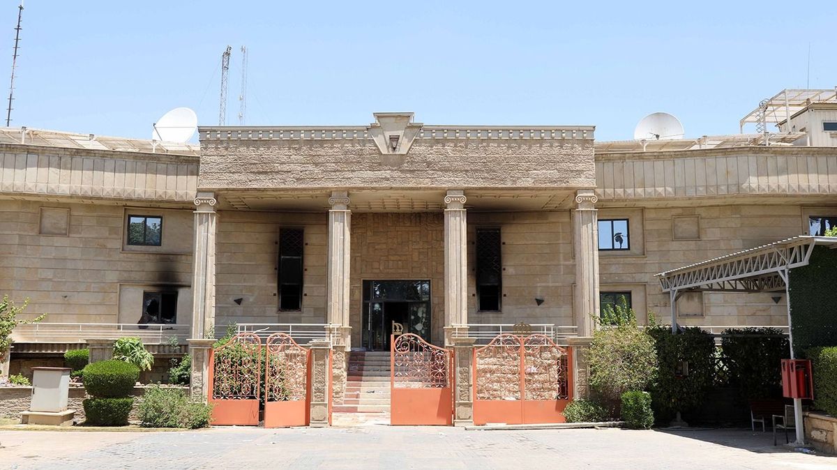 IRAQ-BAGHDAD-SWEDISH EMBASSY-ARSON(230720) -- BAGHDAD, July 20, 2023 (Xinhua) -- This photo taken on July 20, 2023 shows the damaged Swedish embassy in Baghdad, Iraq. Hundreds of Iraqis stormed the Swedish embassy in Baghdad at dawn Thursday and set fire to the building after a planned burning of the Quran in Sweden.   An Interior Ministry source told Xinhua that the demonstrators climbed the fences of the embassy and entered the building, protesting the latest incident of burning the Quran and the Iraqi flag in front of the Iraqi embassy in Stockholm by the same person who burned the Quran three weeks ago. (Xinhua/Khalil Dawood)Xinhua News Agency / eyevineContact eyevine for more information about using this image:T: +44 (0) 20 8709 8709E: info@eyevine.comhttp://www.eyevine.com