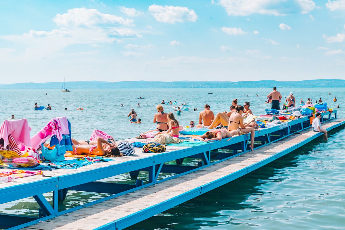 Balaton,,Hungary,-,July,14,,2018:,People,Swimming,In,Blue