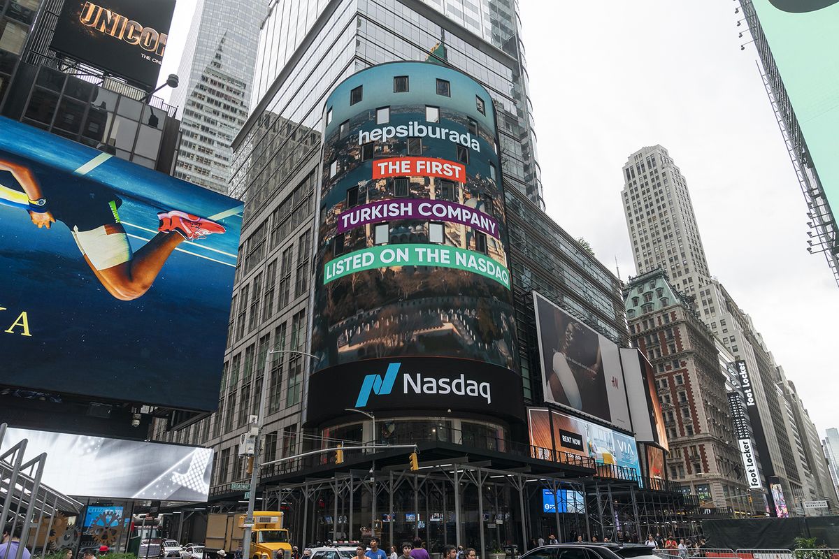 Hepsiburada the first Turkish companylisted on NASDAQ
NEW YORK, USA - JULY 01: Hepsiburada ad is seen as Hepsiburda became the first Turkish company listed on NASDAQ stock exchange and was valued at $3.9 billion in the initial public offering on first day of trading. Hepsiburda advertisement about it during opening bell on NASDAQ seen on big screen outside of stock exchange on Times Square. Lev Radin / Anadolu Agency (Photo by Lev Radin / ANADOLU AGENCY / Anadolu Agency via AFP)