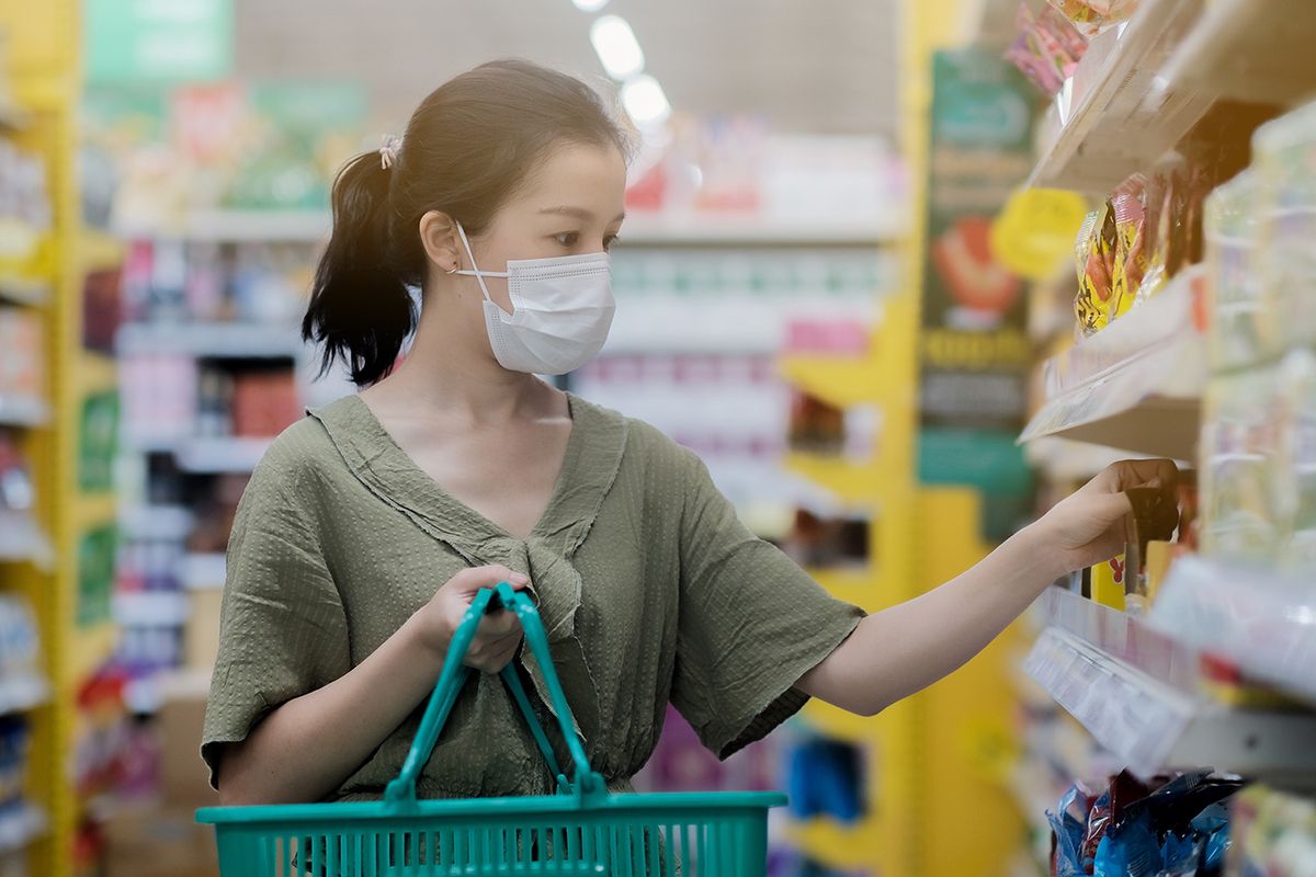 Asian,Women,And,Surgical,Mask,Shopping,Some,Food,In,Supermarket,