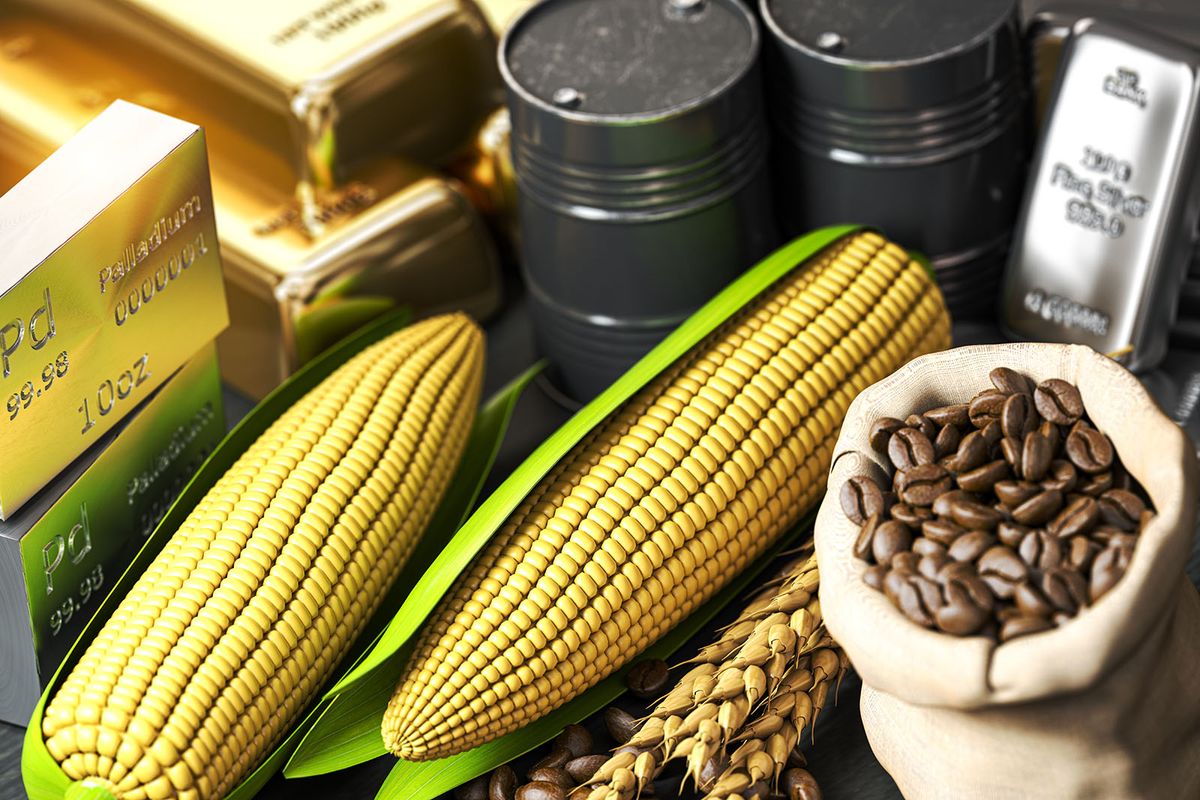 Commodities.,Crude,Oil,,Gold,,Silver,,Palladium,,Wheat,Corn,And,Coffee
Commodities.  Crude oil, gold, silver, palladium, wheat corn and coffee beans. 3d illustration