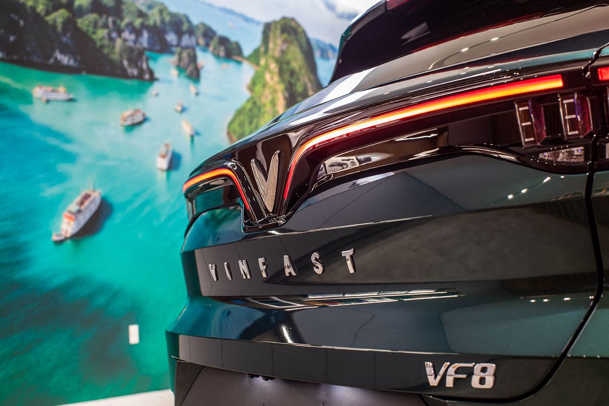 (FILES) The VF-8 electric vehicle from VinFast, a Vietnamese automaker producing electric cars and SUVs, is displayed at their showroom in Santa Monica, California, on September 13, 2022. Vietnam's electric vehicle (EV) maker VinFast made its debut on the Nasdaq on August 15, 2023. (Photo by Apu GOMES / AFP)