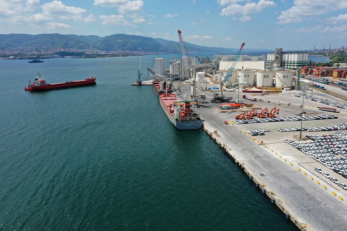 KOCAELI, TURKIYE - AUGUST 08: An aerial view of the Turkish-flagged ship "Polarnet" carrying grain from Ukraine is seen at the Derince Port, Kocaeli, Turkiye on August 08, 2022. Polarnet ship departed Istanbul on Sunday with 12,000 tons of corn. Its inspection was completed by the Joint Coordination Center comprising representatives of Turkiye, Ukraine, Russia and the UN. Omer Faruk Cebeci / Anadolu Agency (Photo by Omer Faruk Cebeci / ANADOLU AGENCY / Anadolu Agency via AFP)