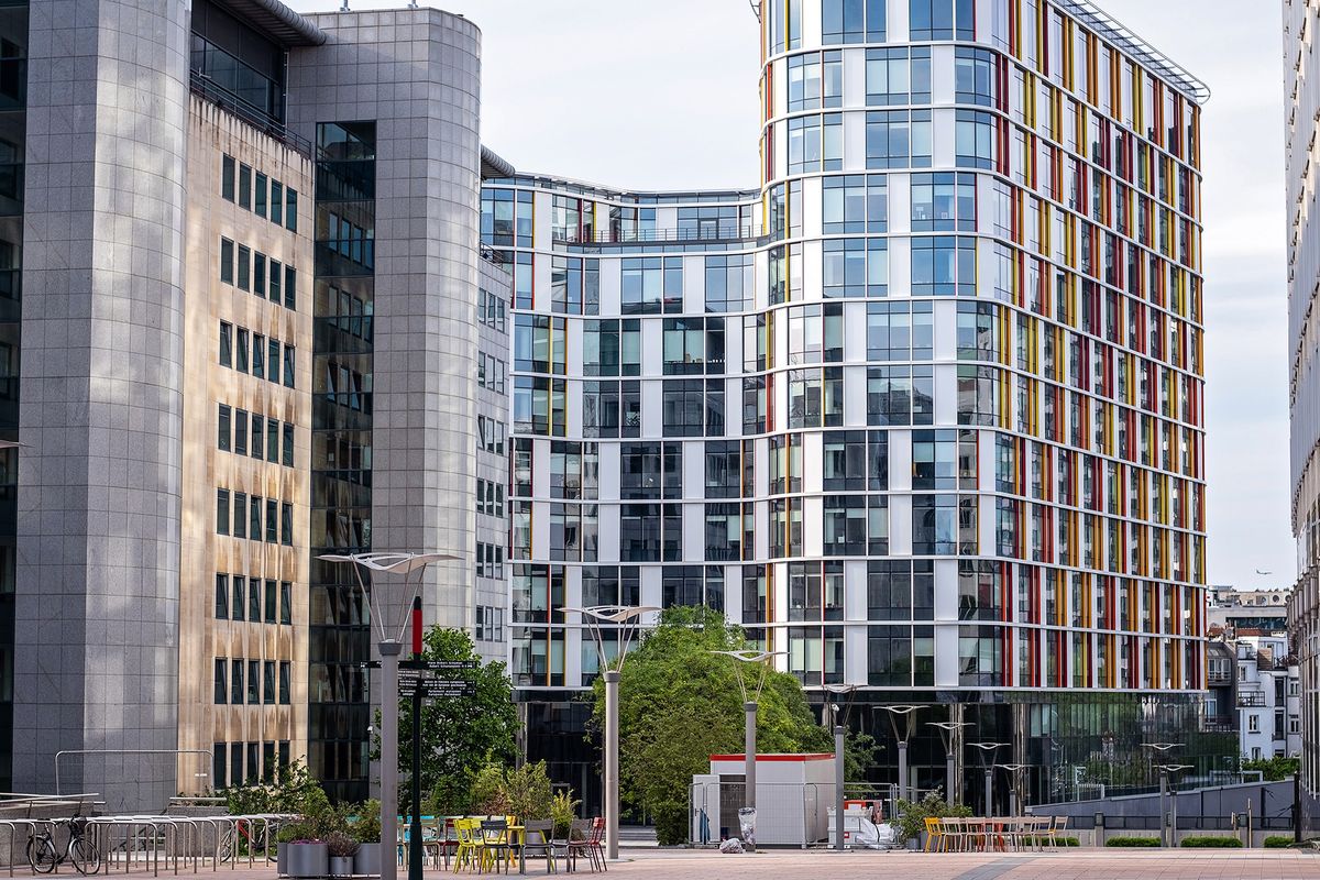 Brussels,,Belgium,-,June,23,,2019:,The,Office,Building,Wilfried
BRUSSELS, BELGIUM - JUNE 23, 2019: The office building Wilfried Martens in Brussels. Big sky tower in the city