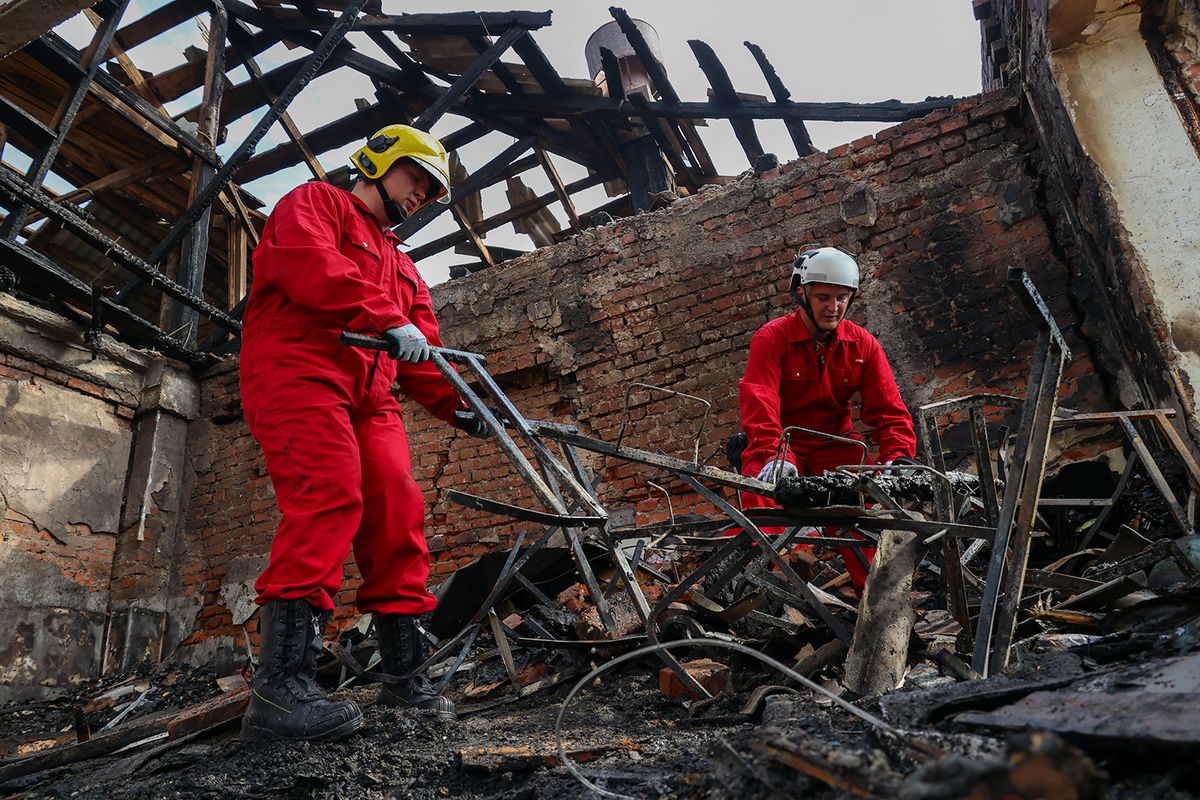 KHARKIV, UKRAINE - AUGUST 01: Debris removal works continue at damaged Kharkiv Higher Vocational School of the Service Sphere after Russian drone attack in Kharkiv, Ukraine on August 01, 2023. One person was injured in the attack. Stringer / Anadolu Agency (Photo by STRINGER / ANADOLU AGENCY / Anadolu Agency via AFP)