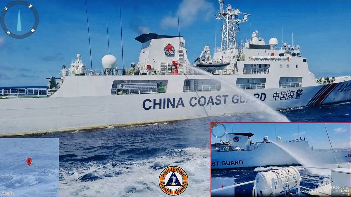 This undated handout released by the Philippine Coast Guard (PCG) on August 6, 2023 shows a China Coast Guard ship (L) releasing water cannon on a Philippine Coast Guard ship near Second Thomas Shoal during a re-supply mission on August 5. The Philippines condemned the China Coast Guard on August 6 for allegedly firing water cannon at its vessels in the disputed South China Sea, describing the actions as "illegal" and "dangerous". (Photo by Handout / Philippine Coast Guard (PCG) / AFP) / -----EDITORS NOTE --- RESTRICTED TO EDITORIAL USE - MANDATORY CREDIT "AFP PHOTO / PHILIPPINE COAST GUARD (PCG) " - NO MARKETING - NO ADVERTISING CAMPAIGNS - DISTRIBUTED AS A SERVICE TO CLIENTS