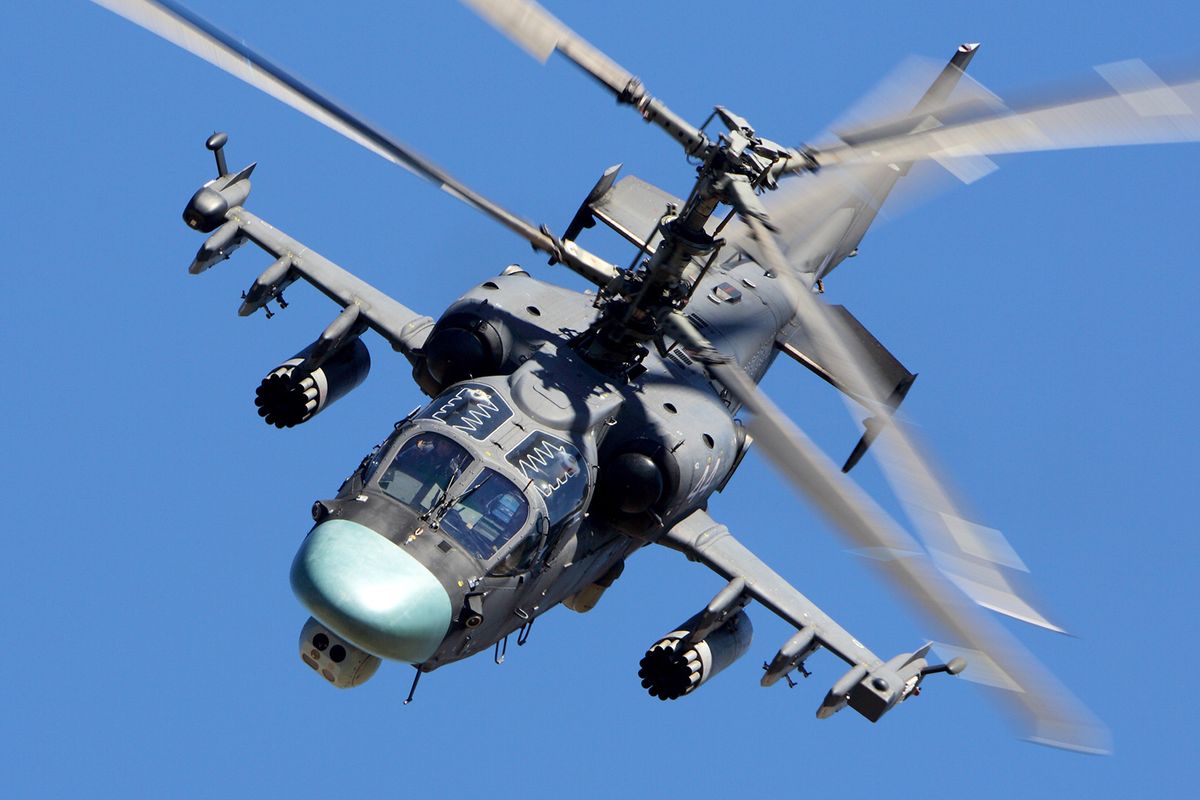 DUBROVICHI, RYAZAN, RUSSIA - AUGUST 6, 2016: Kamov Ka-52 Alligator RF-91336 (NATO code name: Hokum B) attack helicopter of russian air force at Dubrovichi shooting range.
