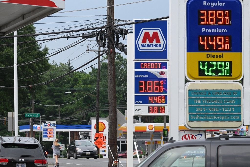 Gas station signboards display prices in Bethesda, Maryland on August 6, 2023. The American Automobile Association's average price for a gallon of regular gasoline is $3.829, up from $3.331 on January 2, 2023. This increase could have an impact on the latest Consumer Price Index, scheduled for release on August 10. (Photo by Mandel NGAN / AFP)