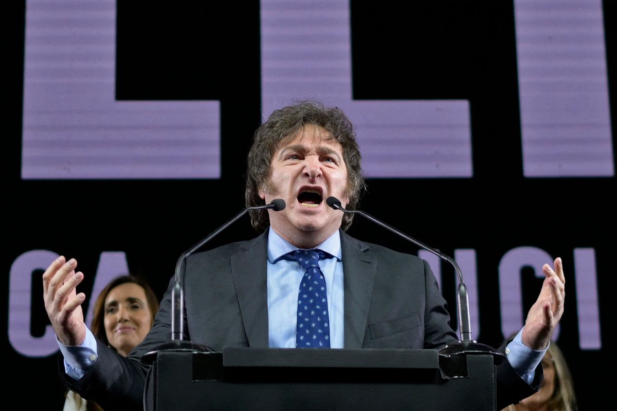 (FILES) Argentine congressman and presidential pre-candidate for La Libertad Avanza Alliance Javier Milei delivers a speech during the closing of his campaign for the August 13 primary elections, at the Movistar Arena in Buenos Aires on August 7, 2023. Javier Milei, the libertarian who burst onto the Argentine political scene as the most voted presidential candidate (30.04%) in the August 13 primaries, is an anti-establishment ultra-liberal who capitalized on the frustration of some 7 million voters and left the traditional parties in shock for the October elections. (Photo by Luis ROBAYO / AFP)