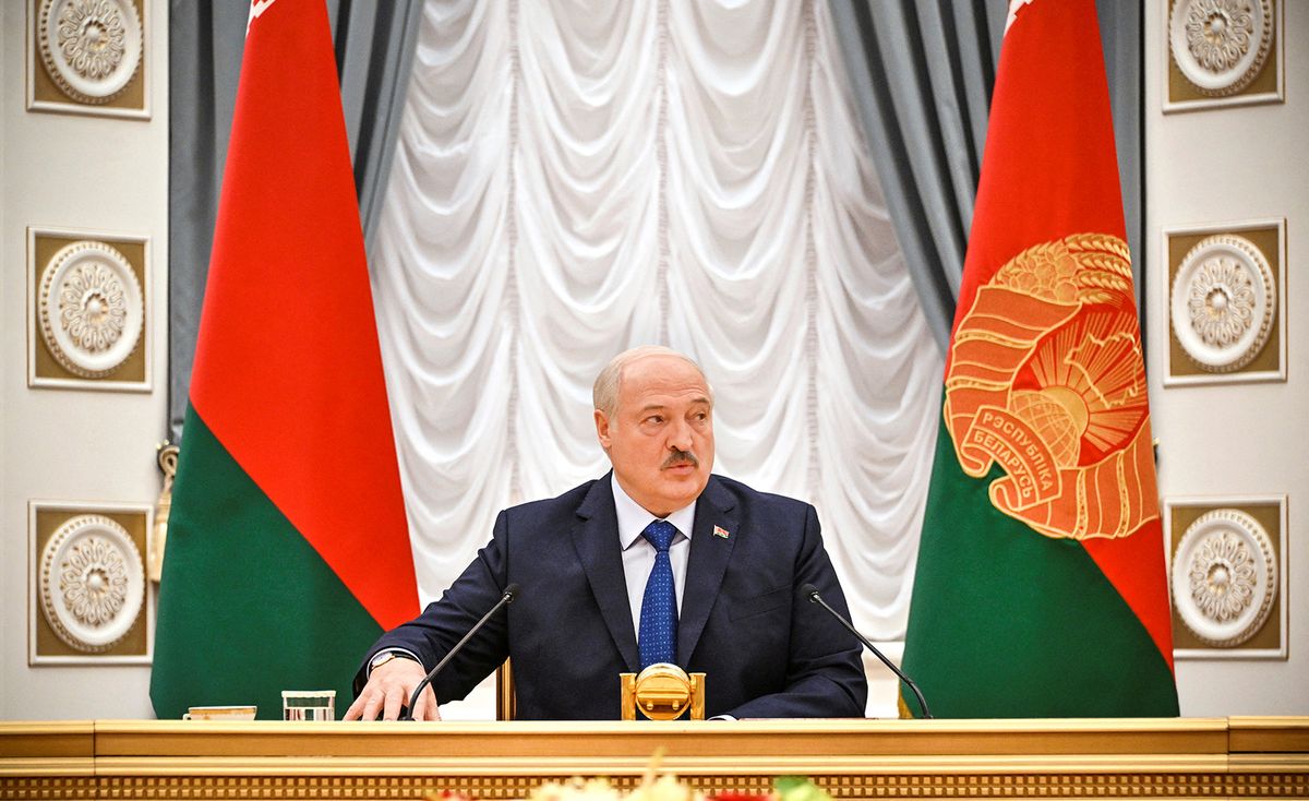Belarus' President Alexander Lukashenko speaks as he meets with foreign media at his residence, the Independence Palace, in the capital Minsk on July 6, 2023. Wagner chief Yevgeny Prigozhin is still in Russia, Belarus's president said on July 6, 2023, despite a deal with the Kremlin for him to move to Belarus following his failed insurrection last month. (Photo by Alexander NEMENOV / AFP)