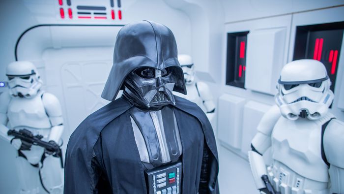 New spaceship in "Star Wars" exhibition09 November 2019, Mecklenburg-Western Pomerania, Dassow: Darth Vader and Stormtrooper are in a part of the rebel cruiser Tantive IV in the collection of the fan project "Outpost One" with replicas from "Star Wars" movies. It is a one-to-one replica by a fan group from Fulda (Hessen). In the 1,300 square metre exhibition, space fans have created a gigantic "Star Wars" world. Visitors walk through 29 reconstructed set scenes from the cult film series. Photo: Jens Büttner/dpa-Zentralbild/dpa  November , 2019