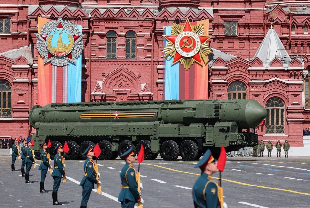 A Russian Yars intercontinental ballistic missile launcher rolls through Red Square during the Victory Day military parade in central Moscow on May 9, 2023. Russia celebrates the 78th anniversary of the victory over Nazi Germany during World War II. (Photo by Gavriil GRIGOROV / SPUTNIK / AFP)