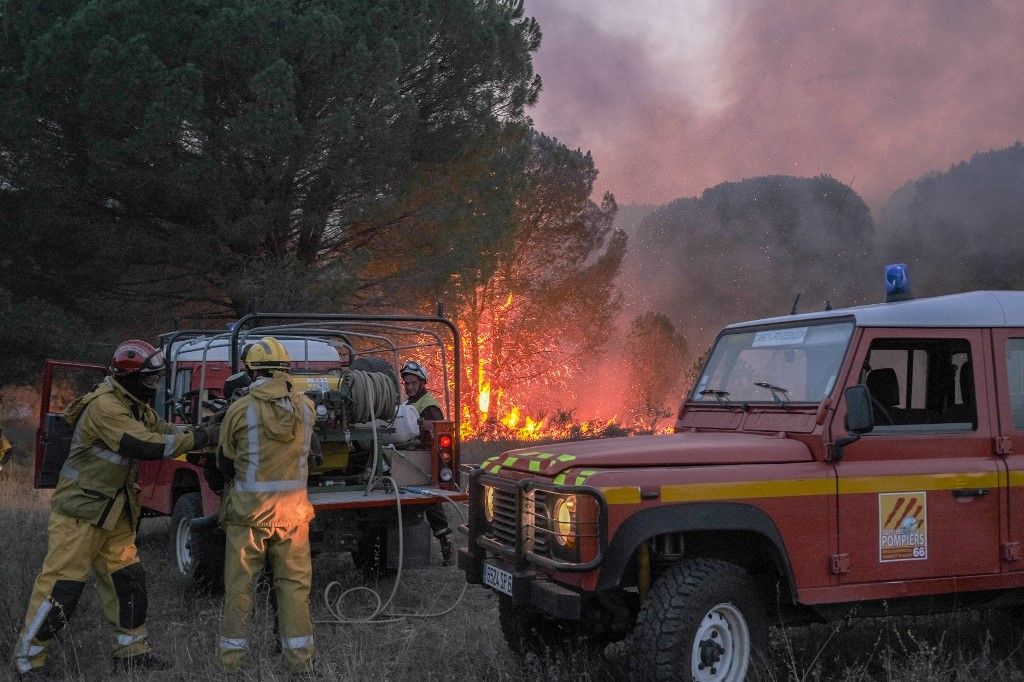 FRANCE - ENVIRONNEMENT - INCENDIE DE FORET - ARGELES-SUR-MER - SAINT-ANDREArgeles-sur-Mer, Pyrenees-Orientales, France. August 14th, 2023. Firefighters operation on the ongoing fire in St-Andre and Argeles-sur-Mer. Photograph by Idhir BAHA / Hans Lucas. Argeles-sur-Mer, Pyrenees-Orientales, France. 14 aout 2023. Operations des pompiers du Sdis 66 sur le feu de foret en cours sur les communes de Argeles-sur-Mer et St-Andre. Photographie de Idhir BAHA / Hans Lucas. (Photo by Idhir Baha / Hans Lucas / Hans Lucas via AFP)