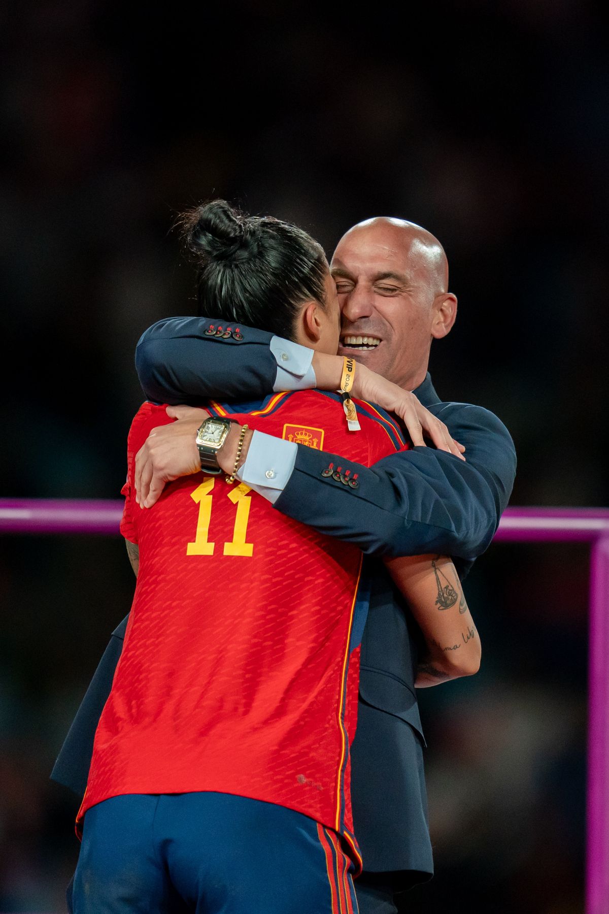 FIFA Womens World Cup 2023 Final - Spain v England - Stadium AustraliaFIFA Womens World Cup 2023 Final - Spain v England - Stadium AustraliaSydney, Australia, August 20th 2023: Jenni Hermoso (10 Spain) hugs president of the RFEF Luis Rubiales during the FIFA Womens World Cup 2023 Final football match between Spain and England at Stadium Australia in Sydney, Australia.  (Noe Llamas / SPP)