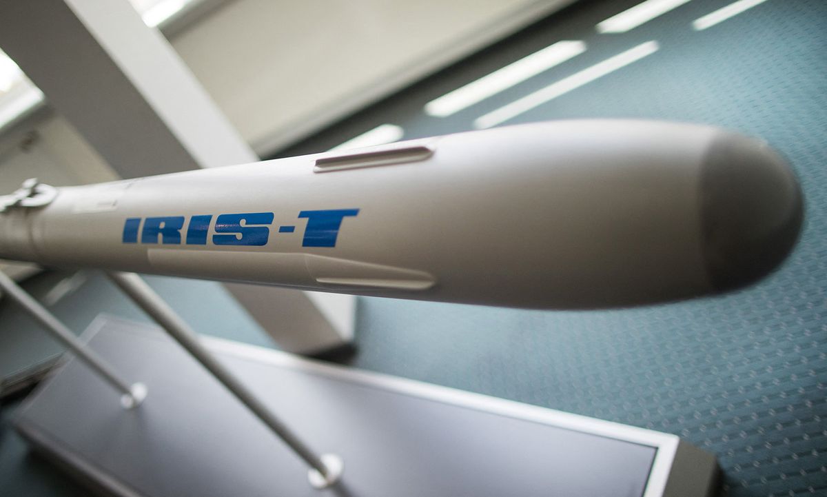 A model of the Iris-T rocket of the industrial and arms manufacturer Diehl, photographed during the annual press conference of the company in Nuremberg, Germany, 4 July 2017. Photo: Daniel Karmann/dpa (Photo by DANIEL KARMANN / DPA / dpa Picture-Alliance via AFP)