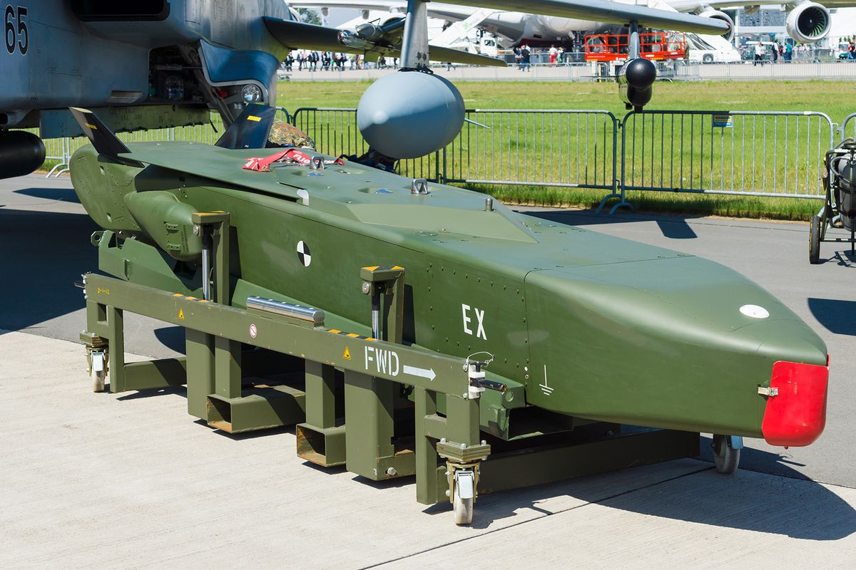 BERLIN, GERMANY - MAY 21, 2014: A German - Swedish air-launched cruise missile Taurus KEPD 350. German Air Force. Exhibition ILA Berlin Air Show 2014 