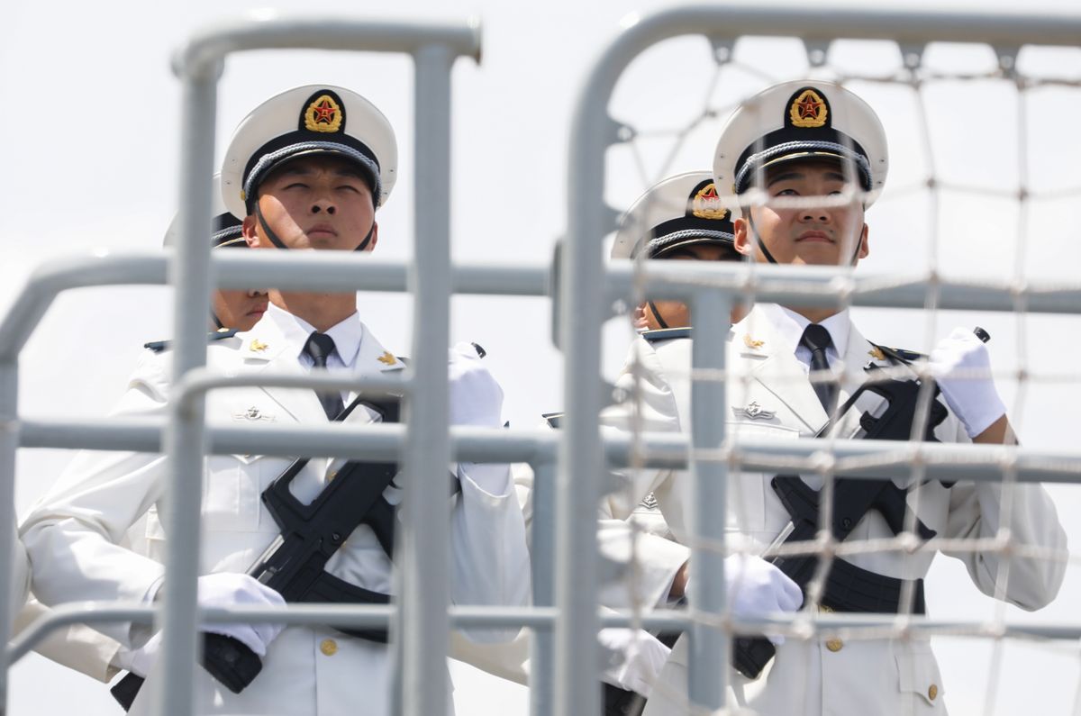 Chinese Navy on goodwill visit to Manilaepa10689785 People's Liberation Army Navy personnel stand at attention on the deck of the ship Qi Jiguang as it arrives at the South Harbor in Manila, Philippines 14 June 2023. A contingent of the Chinese Navy is on a 4-day goodwill visit to the Philippines, following stops in Vietnam, Thailand and Brunei.  EPA/ROLEX DELA PENA
