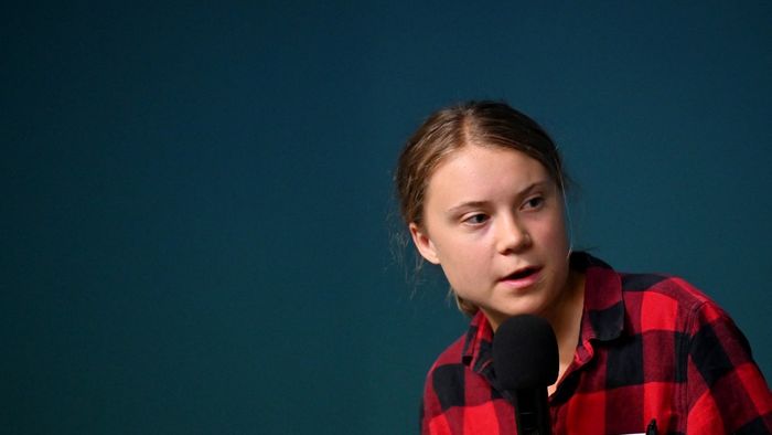 Greta Thunberg, Swedish environmental activist, member of the newly created international working group on environmental crimes of Russia, speaks during a press briefing following the group first meeting in Kyiv on June 29, 2023. (Photo by Sergei SUPINSKY / AFP)