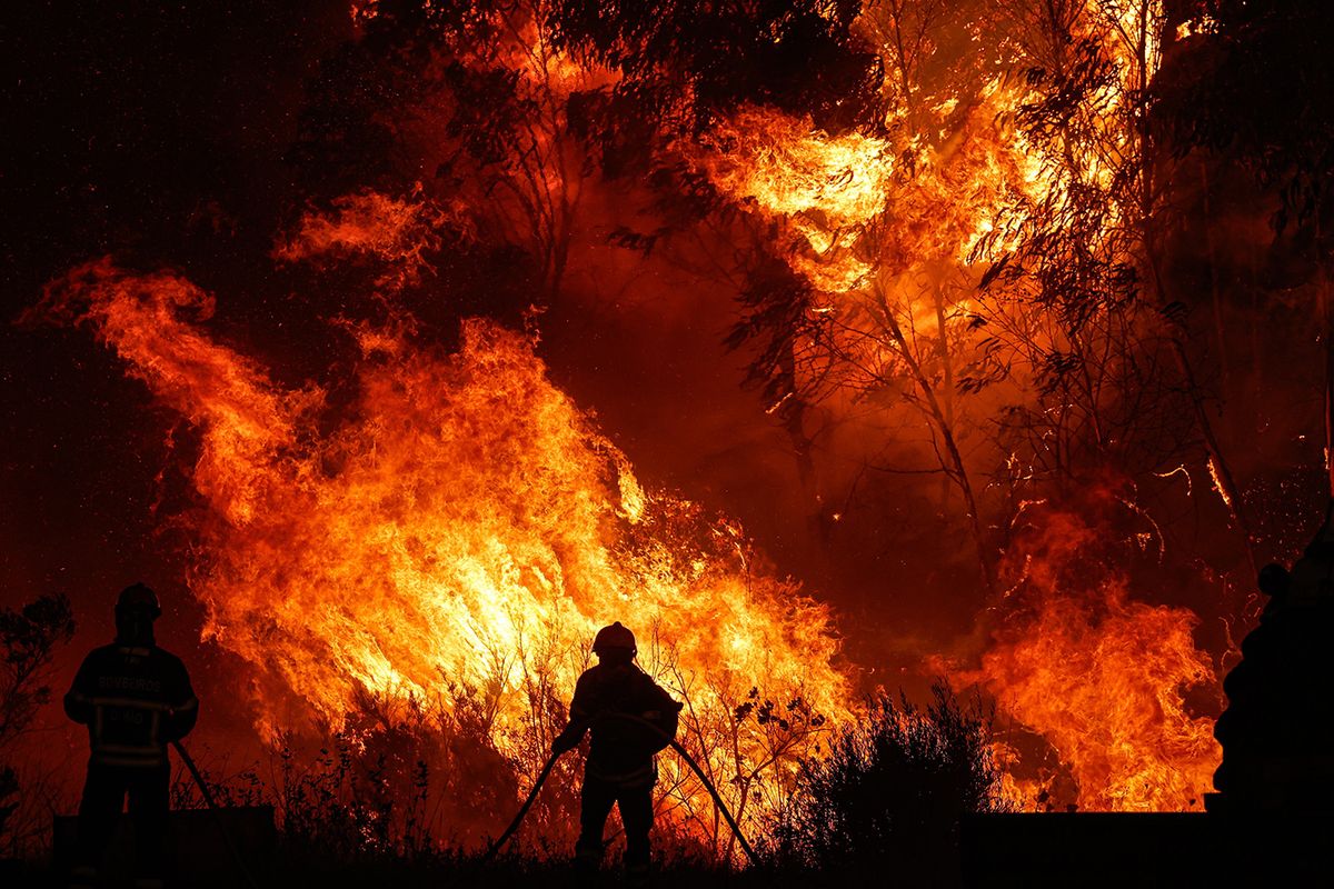 Odemira, 2023. augusztus 7.
Erdőtüzet oltanak tűzoltók a dél-portugáliai Odemira térségében 2023. augusztus 7-én. A két nappal korábban keletkezett tűz miatt négy környékbeli település lakóit ki kellett költöztetni.
MTI/EPA/LUSA/Luis Forra