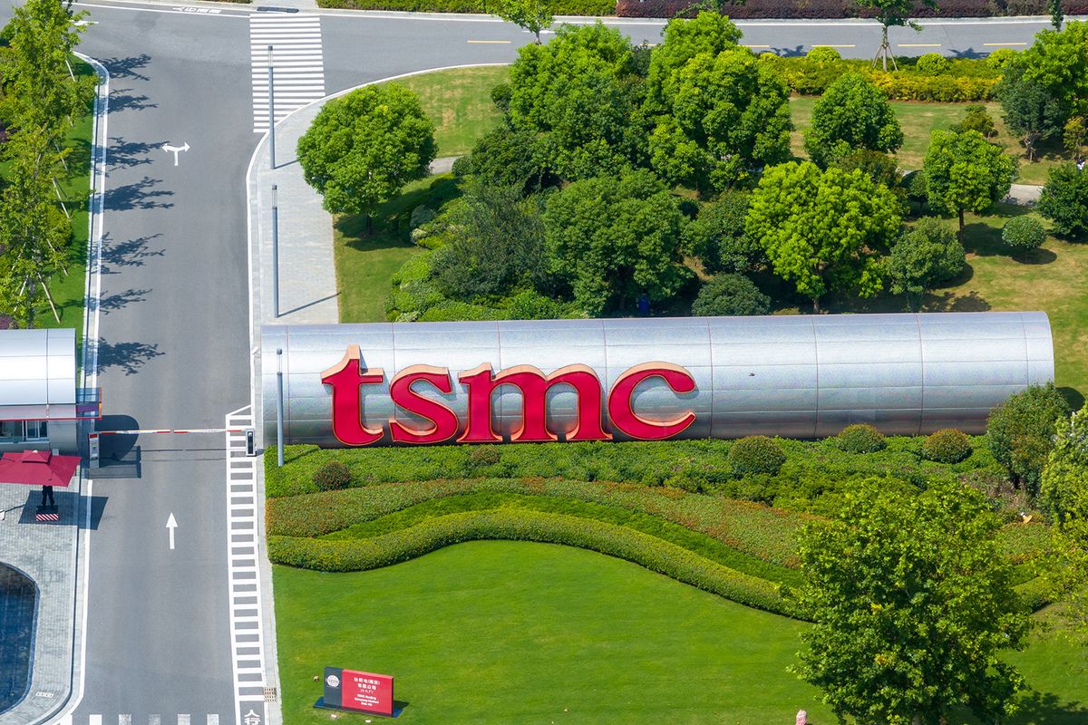 Aerial photo shows the factory of Taiwan Semiconductor Manufacturing Company (TSMC) in Nanjing, Jiangsu province, Aug 1, 2023. Taiwan Semiconductor Manufacturing (TSM) on July 31 turnover of 857 million US dollars, in the day's 58th US stocks, turnover increased 25.86% from yesterday, the day's volume of 8.6541 million. Taiwan Semiconductor Manufacturing (TSM) is down 1.75% through July, up 33.11% year-to-date and up 12.06% in the past 52 weeks. (Photo by Costfoto/NurPhoto) (Photo by CFOTO / NurPhoto / NurPhoto via AFP)