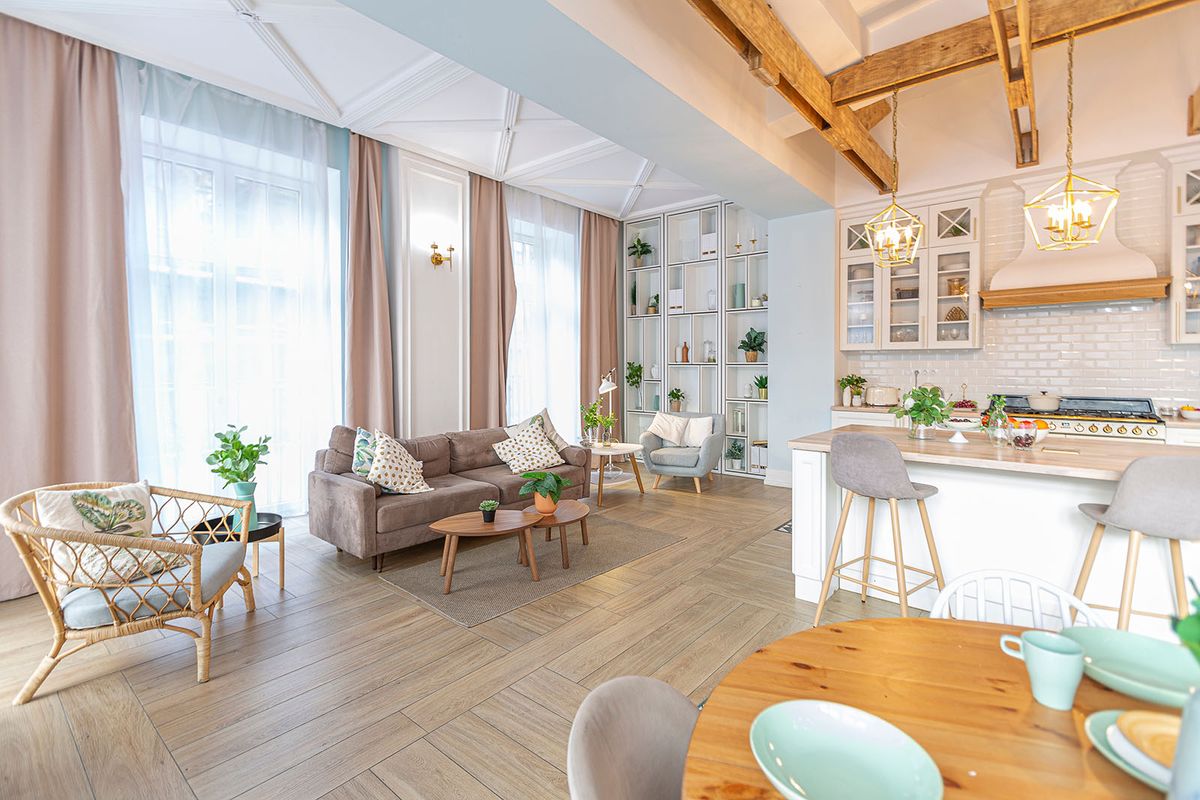 Modern,Expensive,Luxurious,Open-plan,Apartment.,Rich,Scandinavian-style,Interior,With,Wooden
modern expensive luxurious open-plan apartment. Rich Scandinavian-style interior with wooden beams on the ceiling in pastel colors