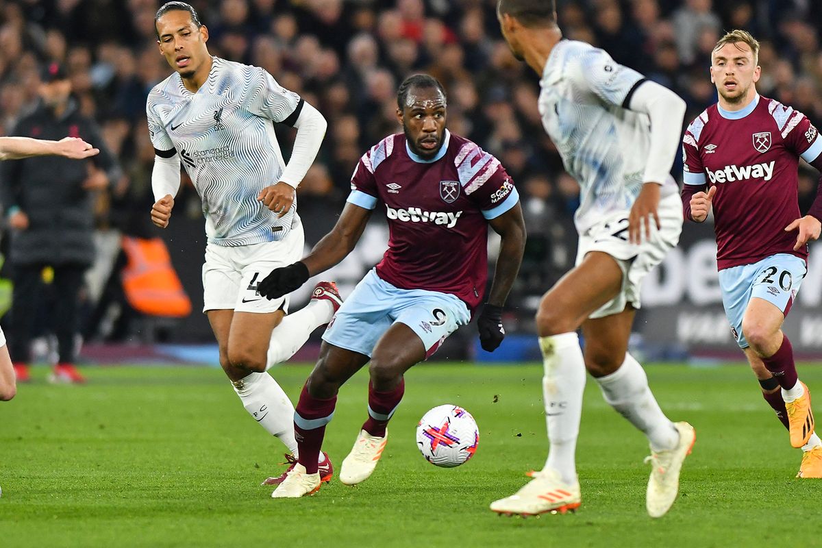 West Ham United v Liverpool FC - Premier League
Michail Antonio of West Ham in action during the Premier League match between West Ham United and Liverpool at the London Stadium, Stratford on Wednesday 26th April 2023. (Photo by Ivan Yordanov/MI News/NurPhoto) (Photo by MI News / NurPhoto / NurPhoto via AFP)