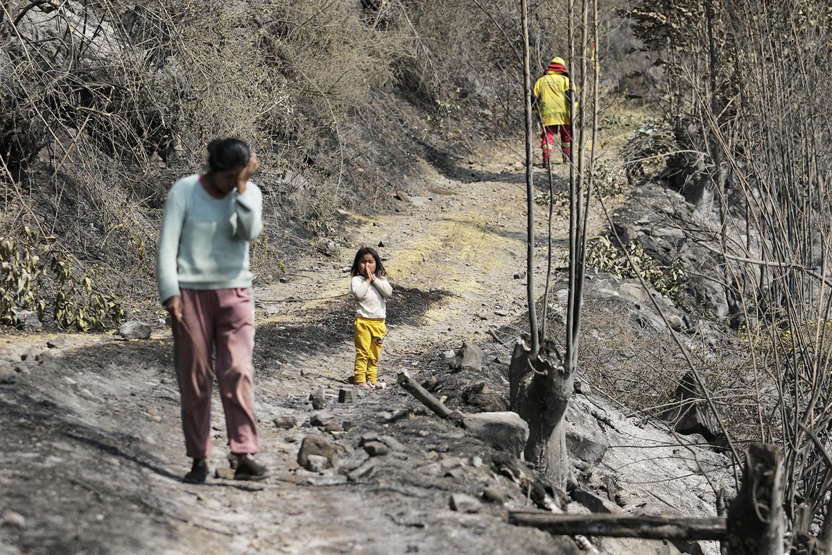 QUIME, BOLIVIA-AUGUST 25: A firefighter walks on the areas affected by the forest fire, while a woman and a girl observe the place in the woods of town Quime in the department of La Paz, Bolivia on August 25, 2023. Mateo Romay Salinas / Anadolu Agency (Photo by Mateo Romay Salinas / ANADOLU AGENCY / Anadolu Agency via AFP)