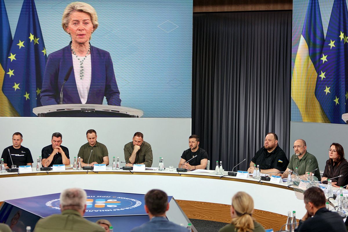 Meeting of Congress of Local and Regional Authorities in Ivano-Frankivsk
KYIV, UKRAINE - JULY 30, 2023 - President of the European Commission Ursula von der Leyen appears online during the meeting of the Congress of Local and Regional Authorities in Ivano-Frankivsk, western Ukraine.NO USE RUSSIA. NO USE BELARUS. (Photo by Ukrinform/NurPhoto) (Photo by Yurii Rylchuk / NurPhoto / NurPhoto via AFP)