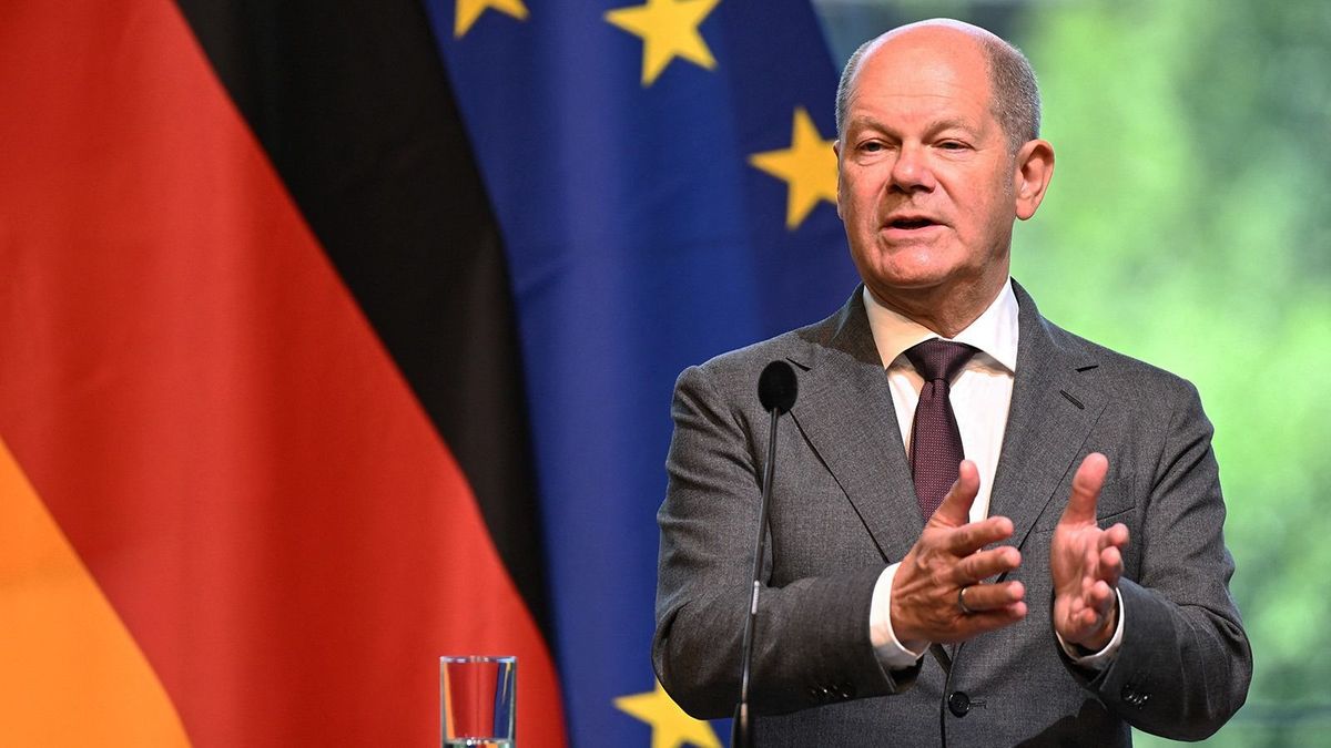 German Chancellor Olaf Scholz speaks during a joint press conference after meeting his Austrian counterpart in Salzburg, Austria, on August 18, 2023. (Photo by BARBARA GINDL / APA / AFP) / Austria OUT