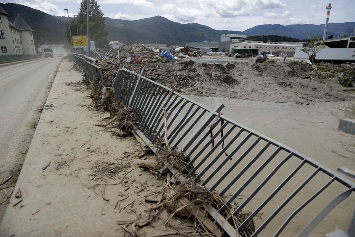 NAZARJE, SLOVENIA - AUGUST 8: A general view of damaged bridge due to a flood after 3 days of rain in Nazarje town of Savinja Statistical Region, Slovenia on August 8, 2023. Officials stated that it will take time to repair the damage. Samir Jordamovic / Anadolu Agency (Photo by Samir Jordamovic / ANADOLU AGENCY / Anadolu Agency via AFP)