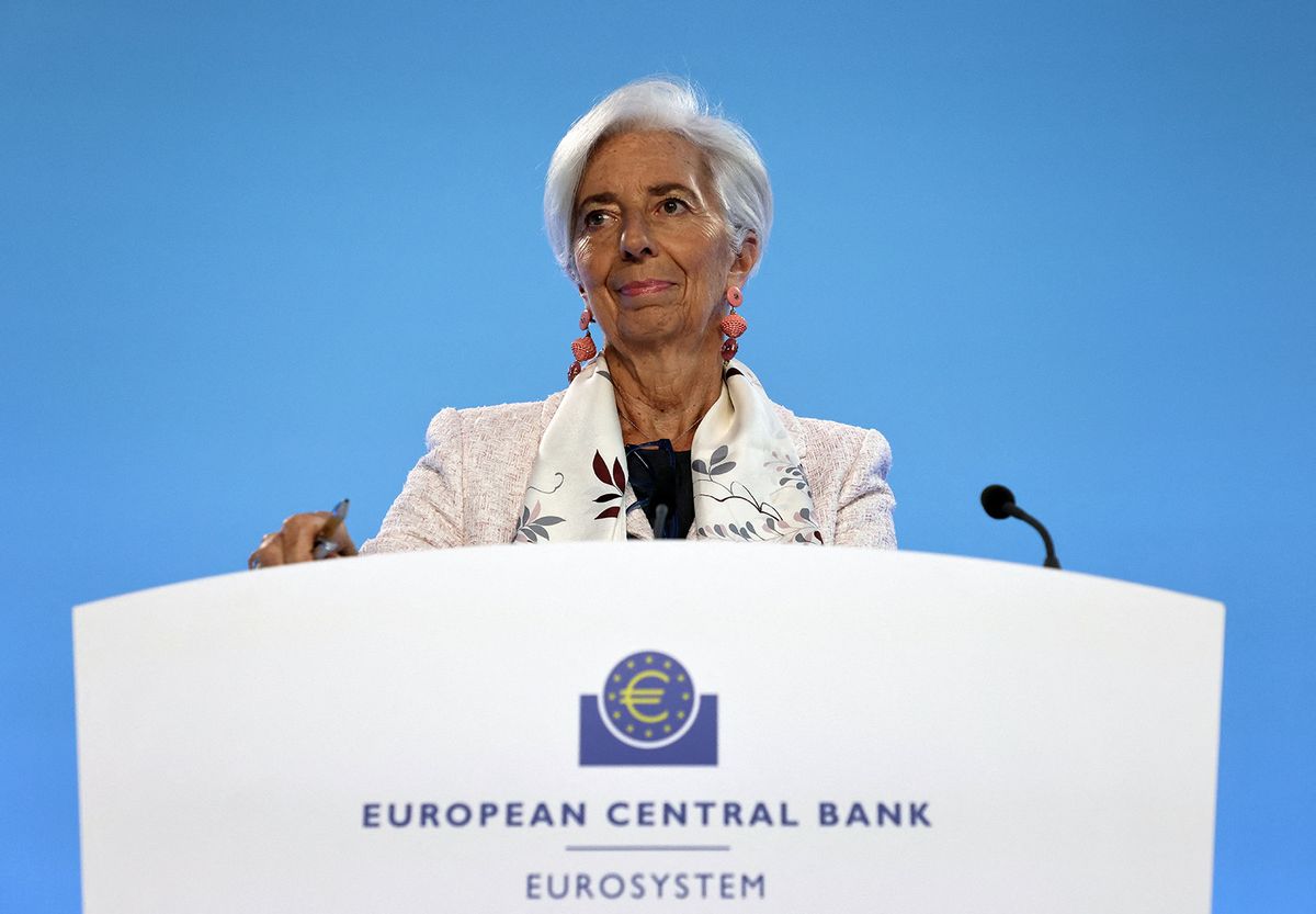 President of the European Central Bank (ECB) Christine Lagarde arrives to address a press conference following the meeting of the governing council of the ECB in Frankfurt am Main, western Germany, on July 27, 2023. The economic outlook in the eurozone has "deteriorated" Lagarde warned on July 27 after the institution implemented a fresh interest rate hike to tame inflation. (Photo by Daniel ROLAND / AFP)