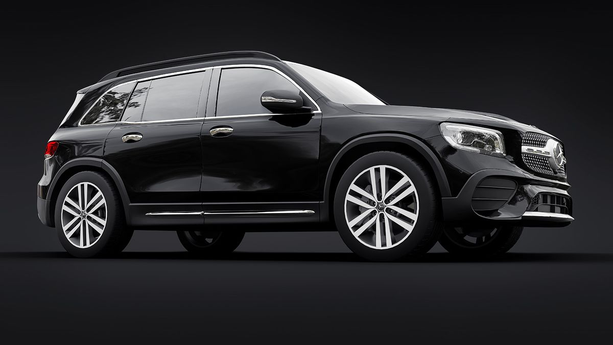Tula, Russia. July 7, 2021: Mercedes-Benz GLB 2020 black compact luxury suv car isolated on black background. 3d rendering