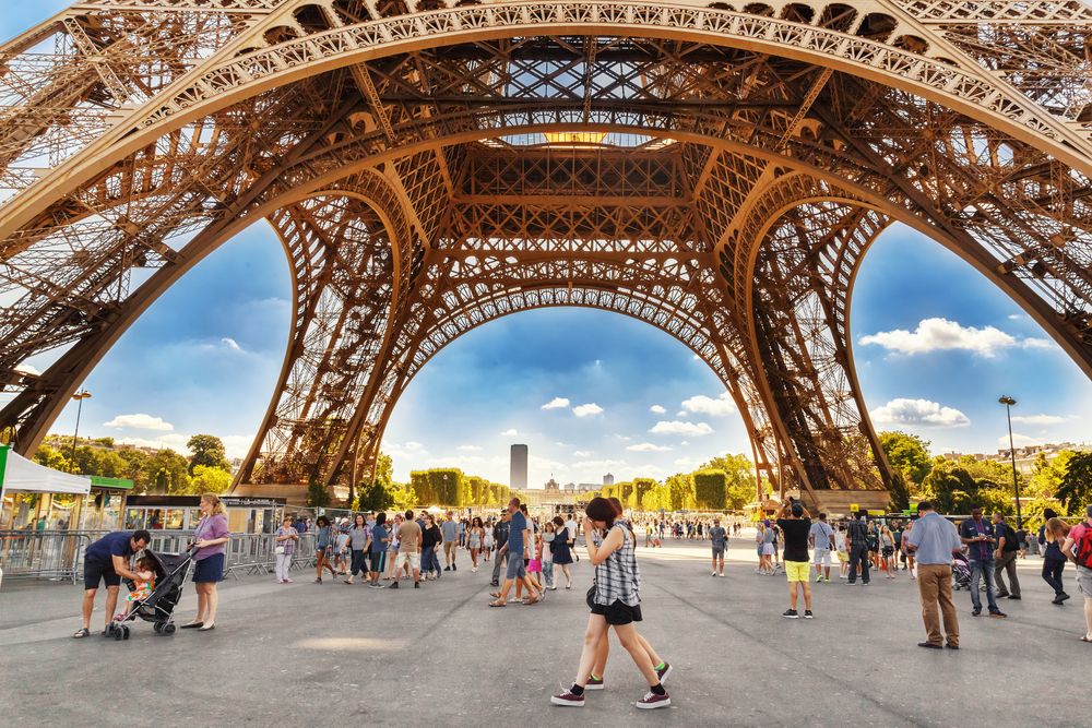 Paris,,France,-,07,July,2016:,Tourists,Walking,Under,Eiffel