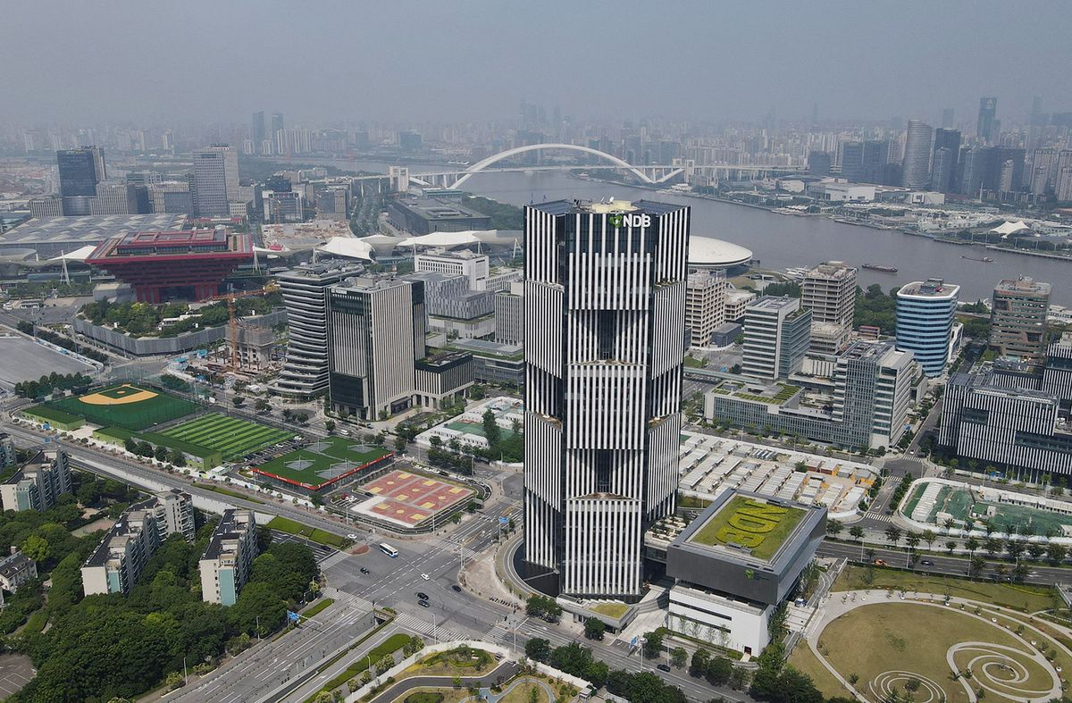 (230818) -- BEIJING, Aug. 18, 2023 (Xinhua) -- This aerial photo taken on June 17, 2022 shows the headquarters building of the New Development Bank in east China's Shanghai. (Xinhua/Fang Zhe) (Photo by Fang Zhe / XINHUA / Xinhua via AFP)