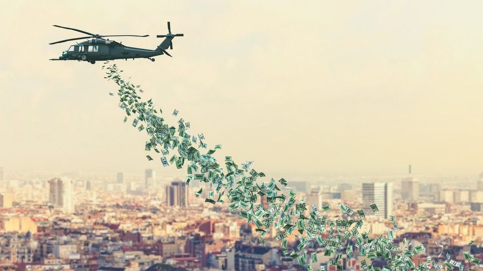 Helicopter,Flies,Over,The,City,And,Distributes,Dollars,Money,To