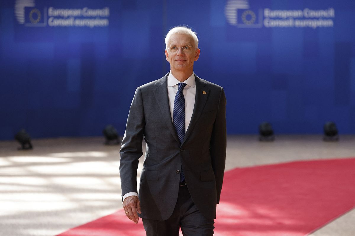 Latvia's Prime Minister Krisjanis Karins arrives for the second day of a meeting of the European Council at The Europa Building in Brussels on June 30, 2023. (Photo by Ludovic MARIN / AFP)