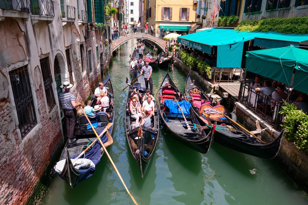 Venice,,Italy,-,May,,2017.,Crowded,Traffic,Of,Gondolas,In