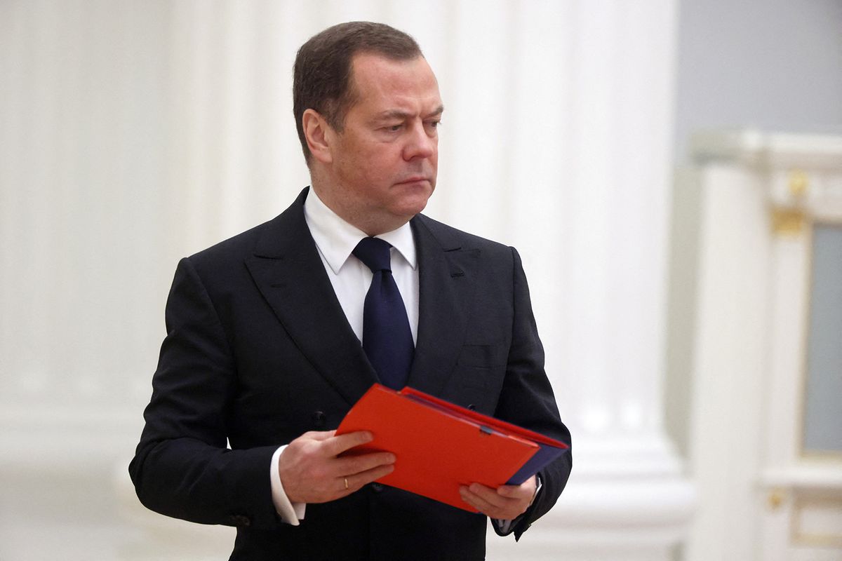 Deputy head of Russia's Security Council Dmitry Medvedev arrives for a meeting with members of the Security Council at the Kremlin in Moscow, on November 18, 2022. (Photo by Mikhail Metzel / SPUTNIK / AFP) / *Editor's note : this image is distributed by Russian state owned agency Sputnik.*