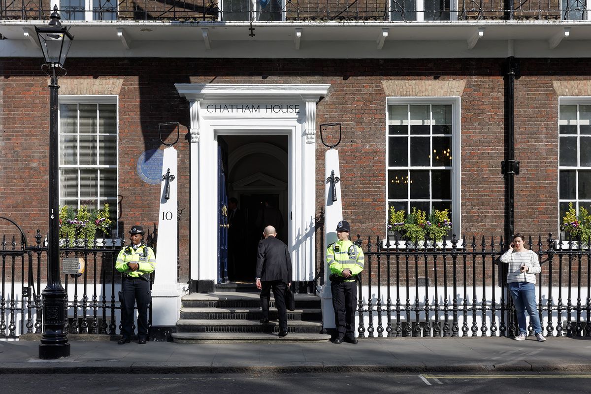LONDON, UK - Apr 19, 2017: Metropolitan police officers on duty at 10 St James's Square The Royal Institute of International Affairs Chatham House
